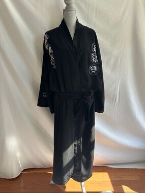 Black Embroidered Dragon Silk/Satin Kimono Robe with Belt